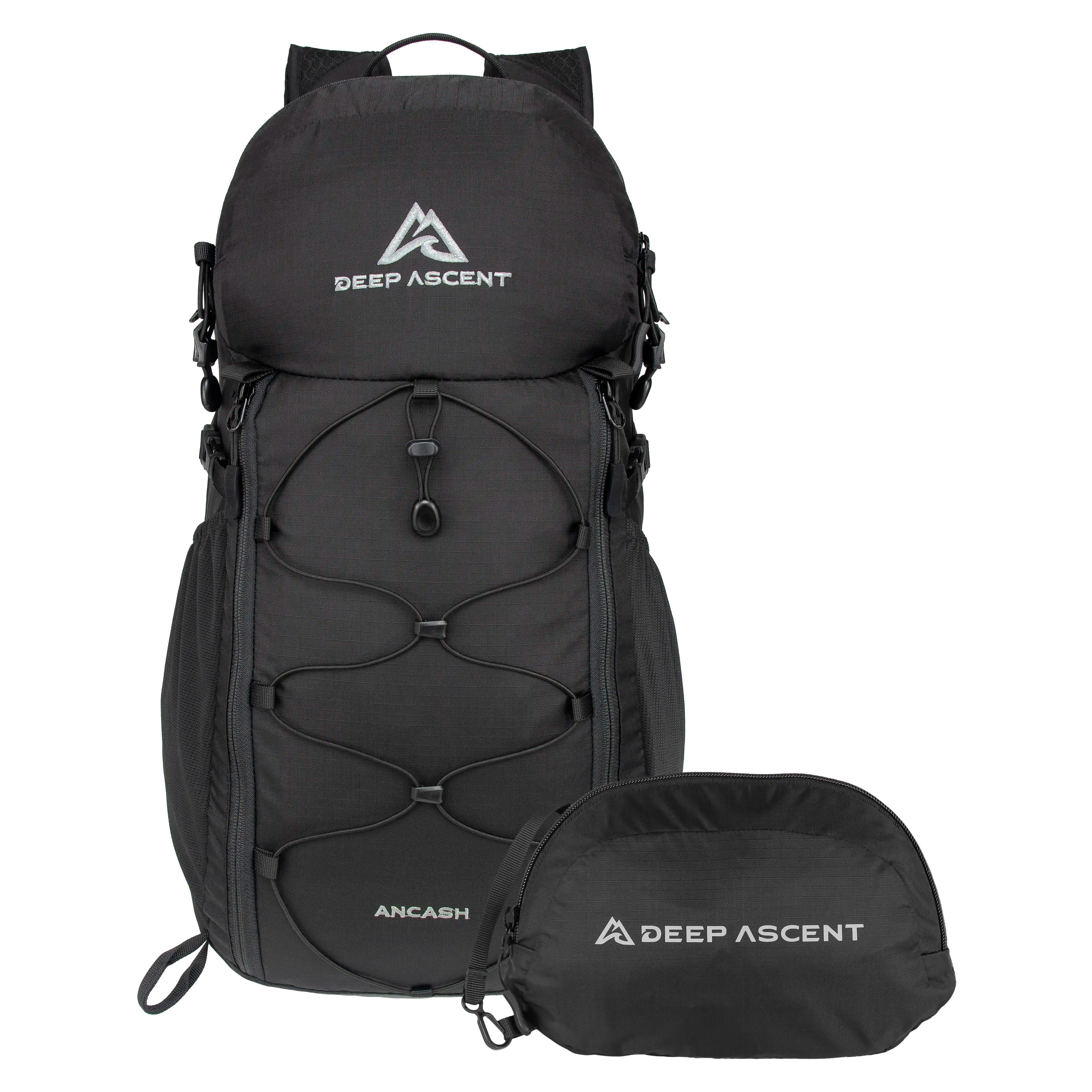 Ancash Packable Daypack - 26L Backpack for Hiking and Travel by Deep Ascent - Front and Packed Views