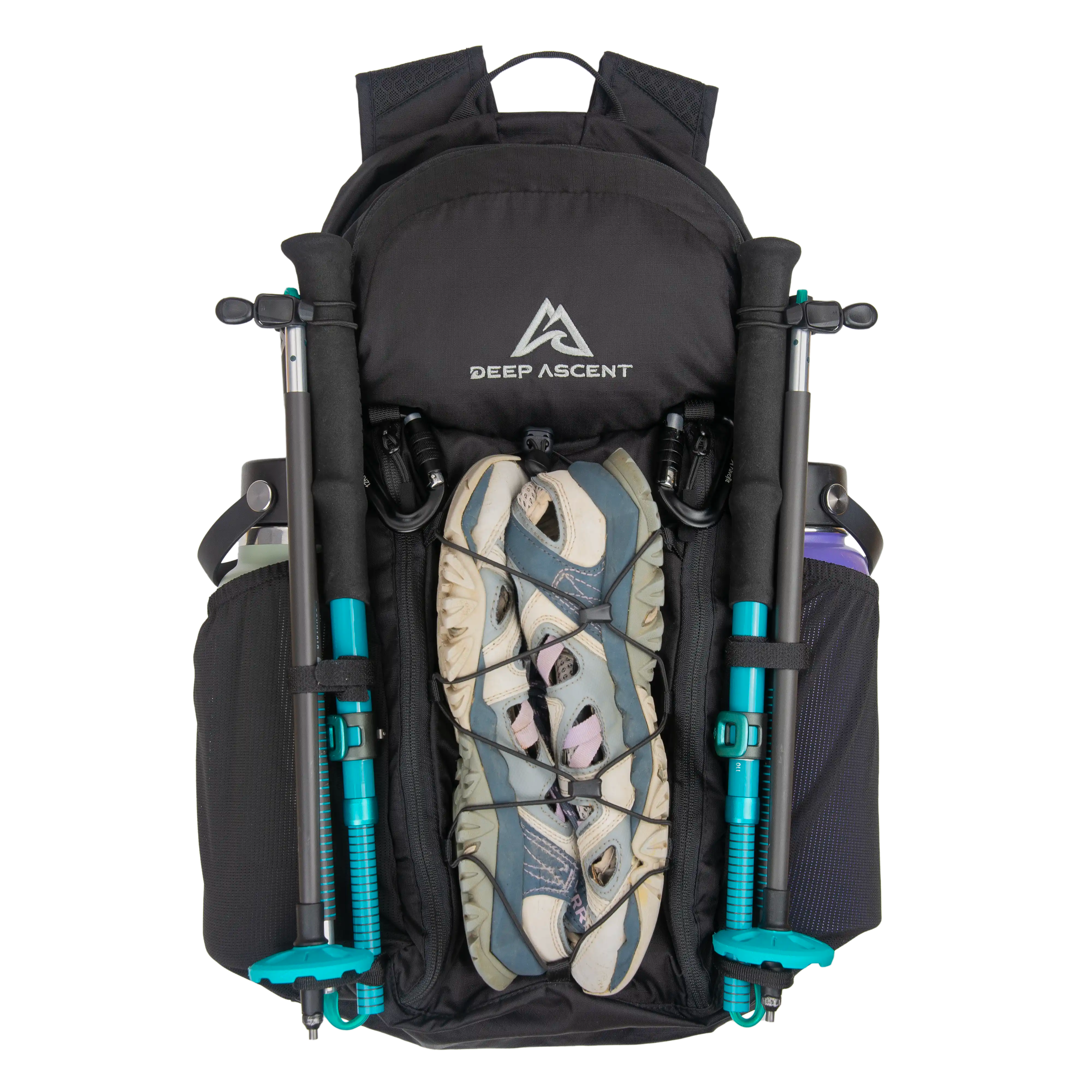 Front view of the Ancash Packable Daypack with attached gear: shoes, hiking poles, carabiners, and water bottles.
