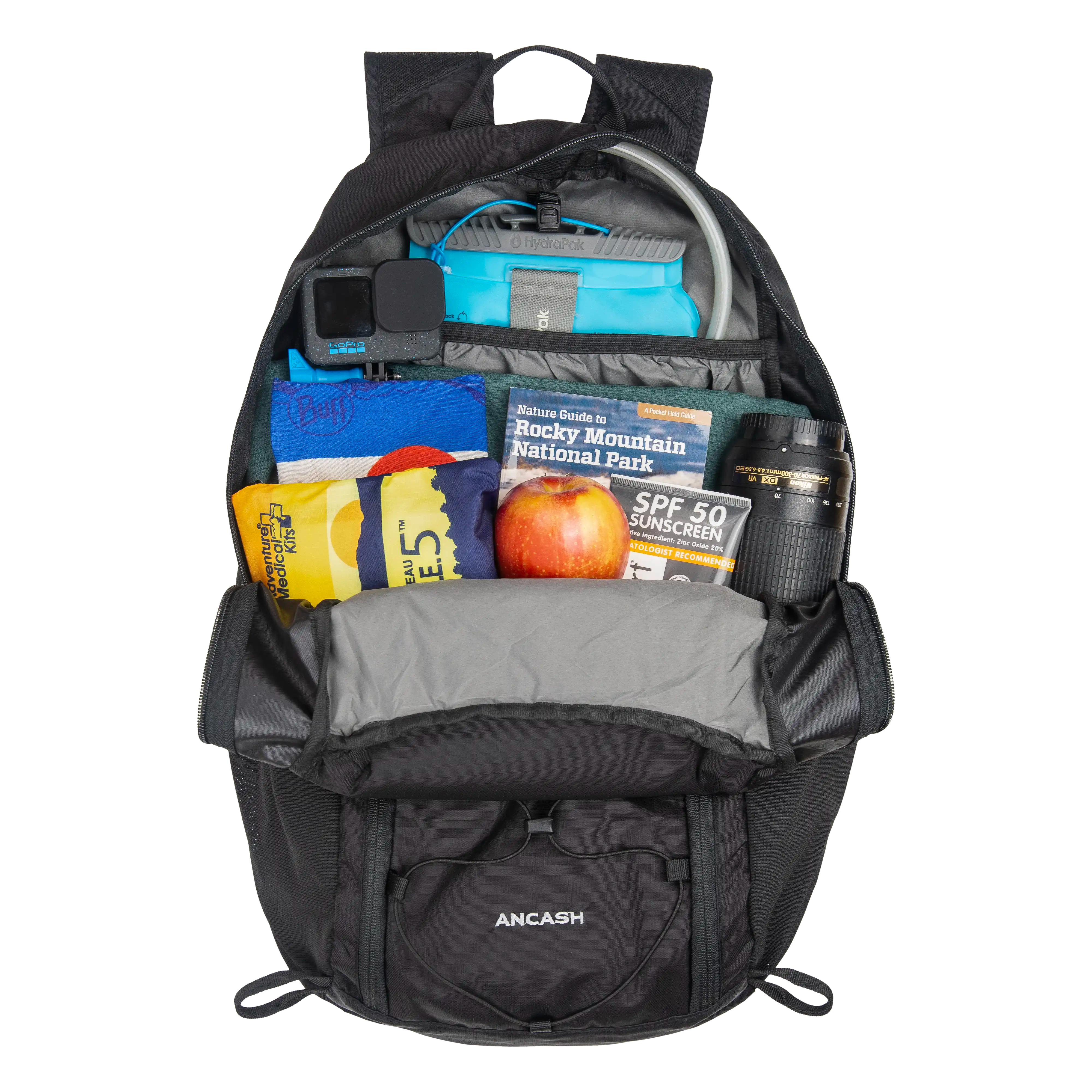 Inside view of the Ancash Packable Daypack packed with hiking essentials.