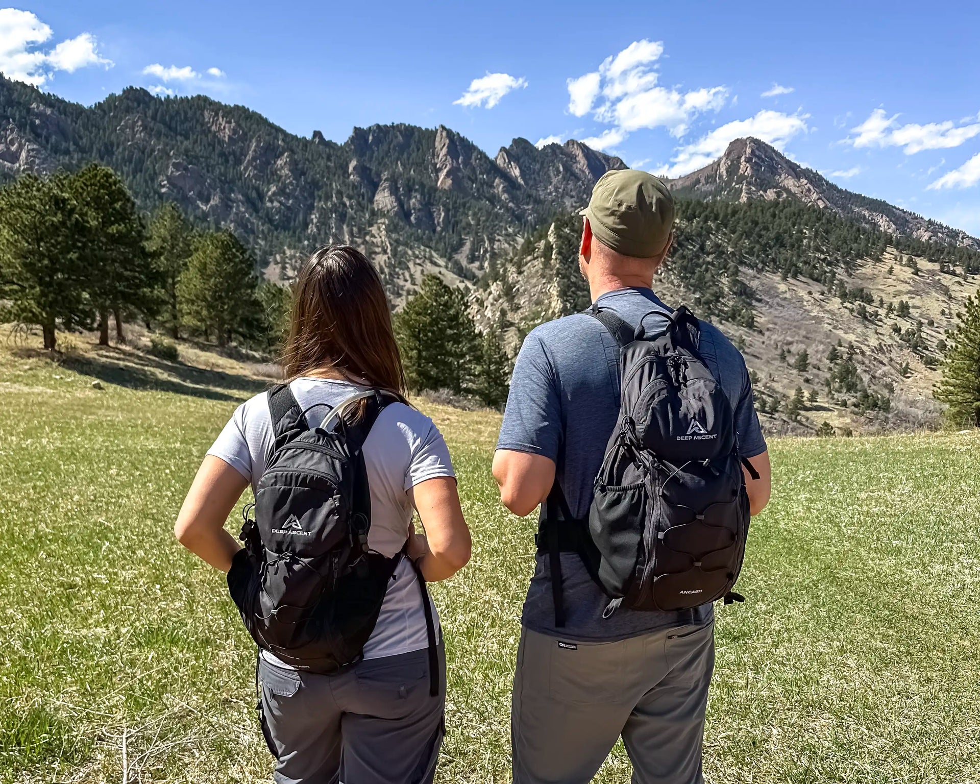 A man and woman hiking at Eldorado Canyon in Colorado with the Ancash Packable Daypack by Deep Ascent.