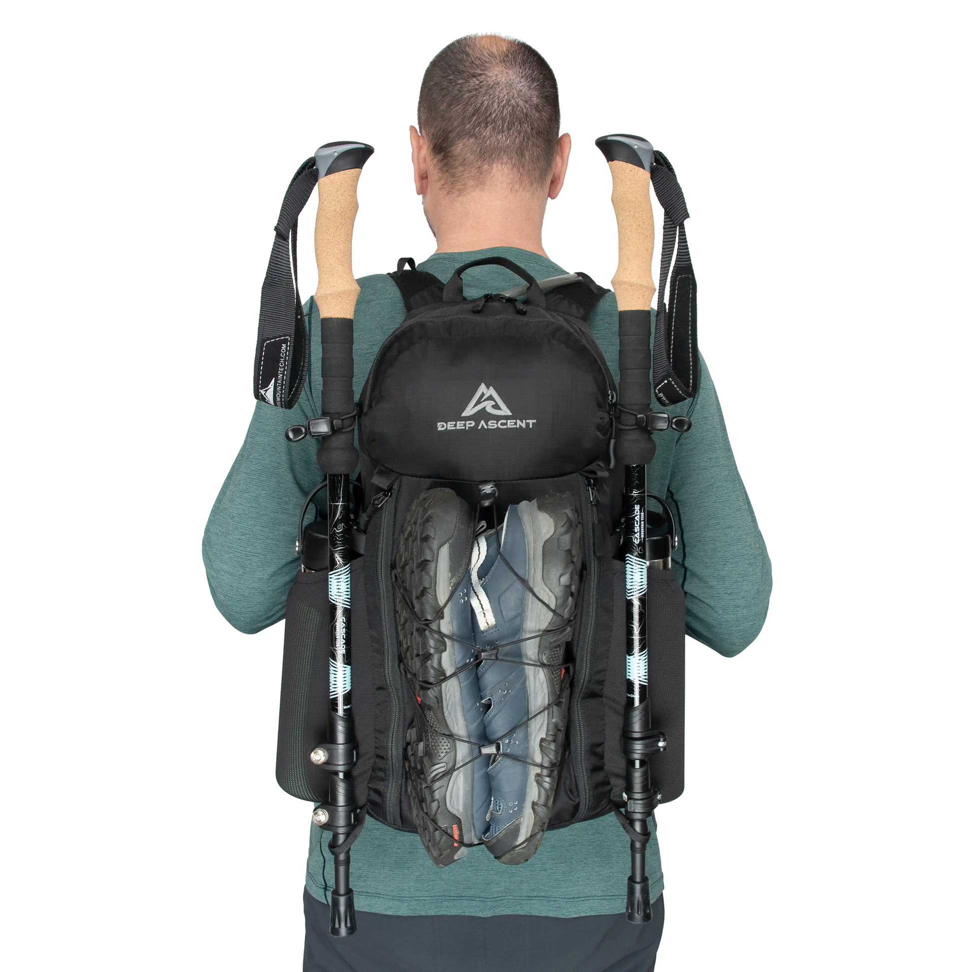 Functional packable hiking backpack with hiking pole attachments, shock cord system, daisy chains, and eco-friendly water resistance.