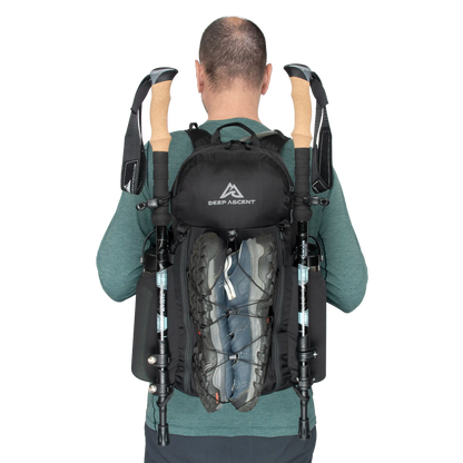 Functional packable hiking backpack with hiking pole attachments, shock cord system, daisy chains, and eco-friendly water resistance.