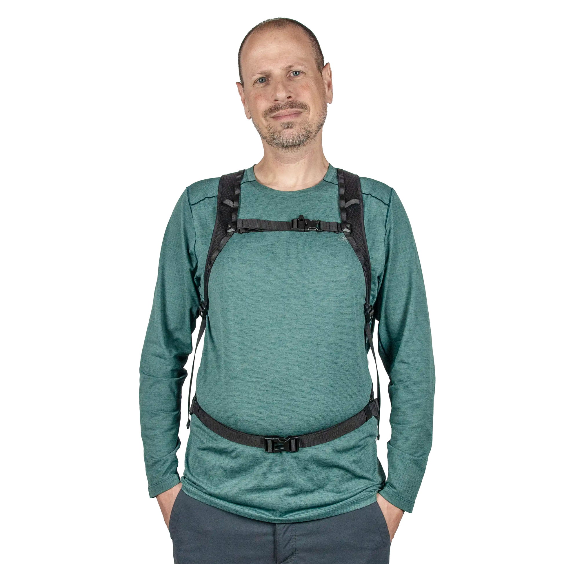 Versatile packable hiking backpack with removeable sternum strap (w/ safety whistle) and hip belt.