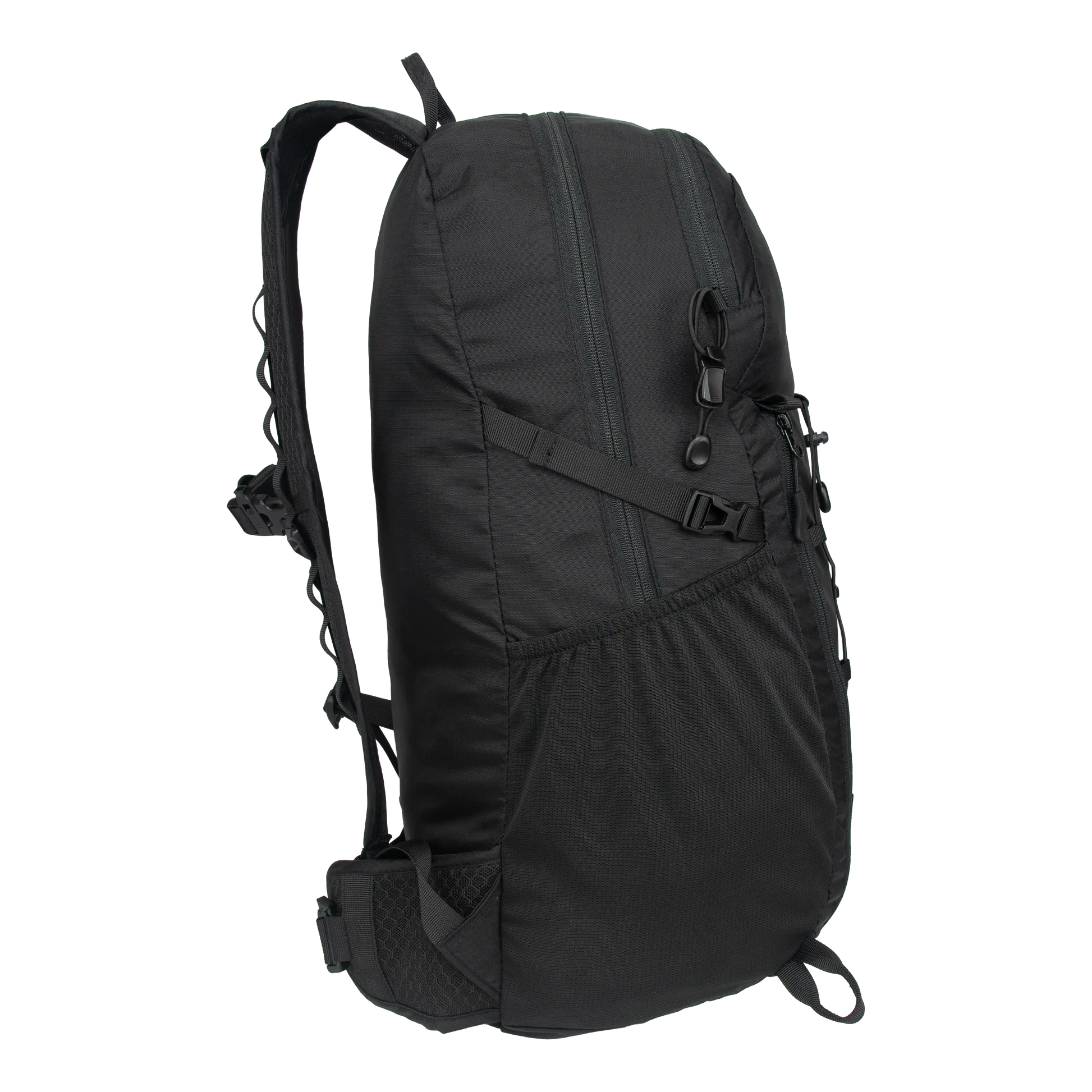 Durable packable hiking backpack with gear attachments, large side bottle pockets, and emergency whistle.