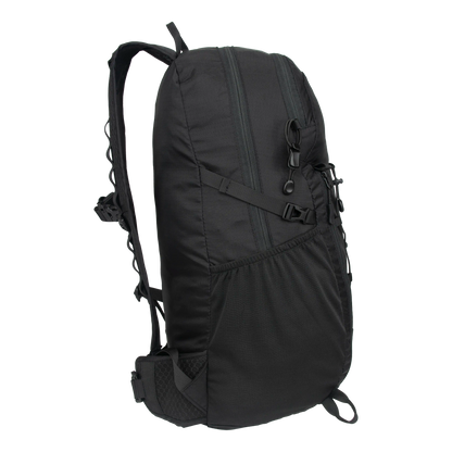 Durable packable hiking backpack with gear attachments, large side bottle pockets, and emergency whistle.