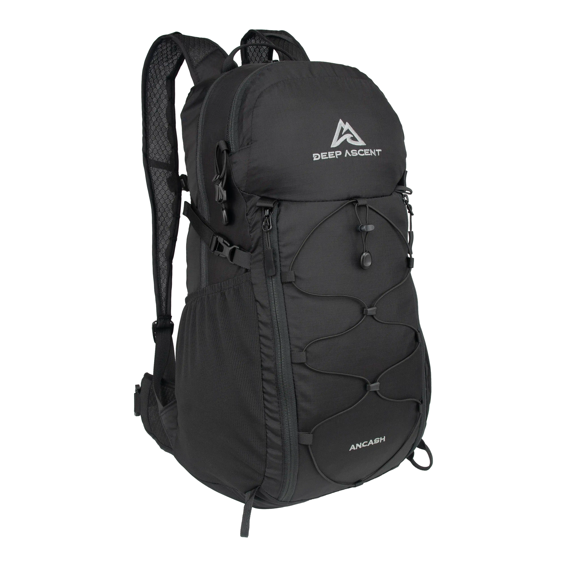 Versatile packable hiking backpack with shock cords and daisy chains.