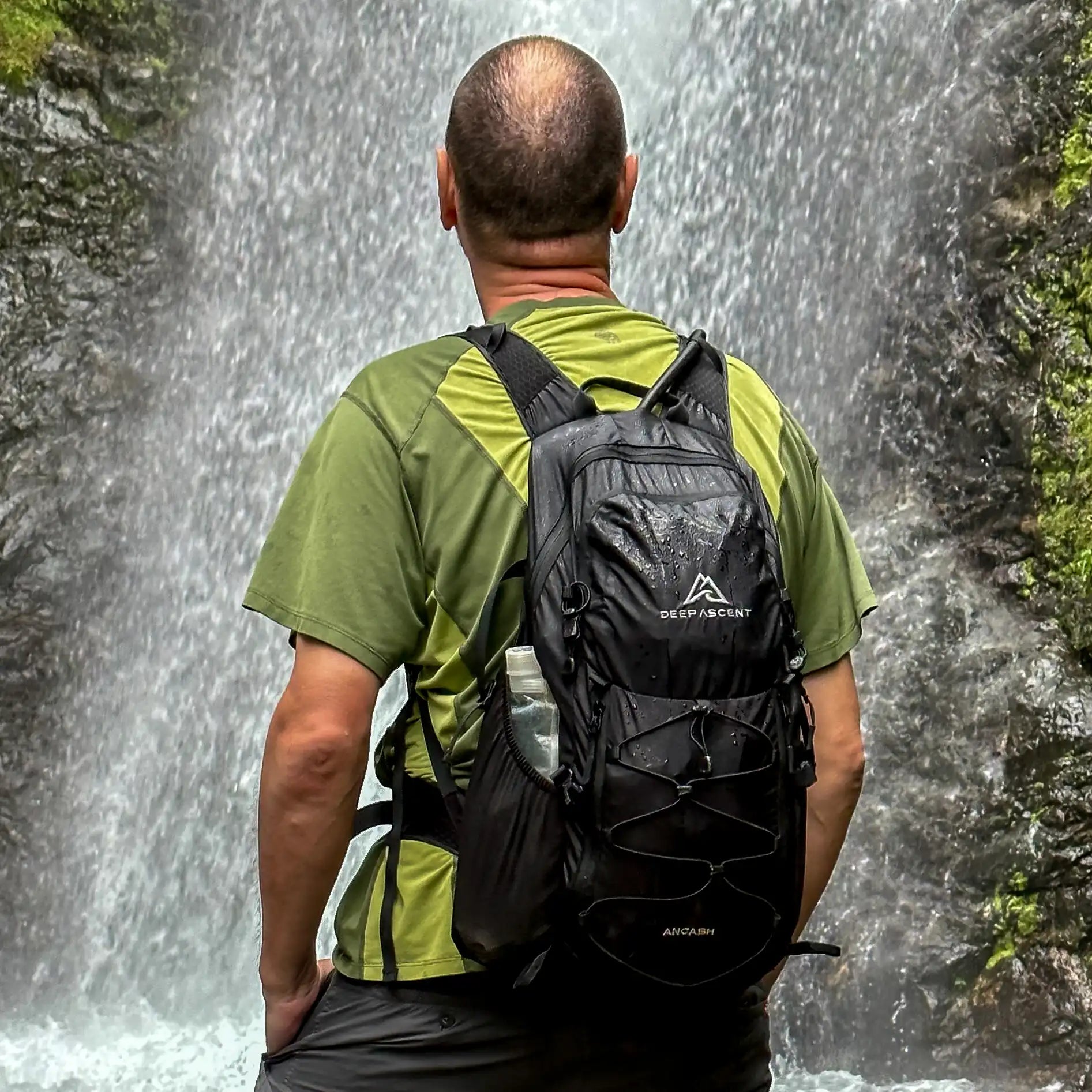 Water-resistant packable hiking backpack with PFC-free DWR.