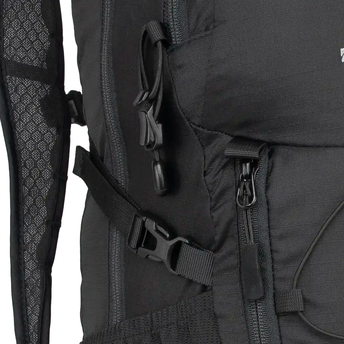 A view of zippers and plastics of the Ancash Packable Daypack by Deep Ascent.