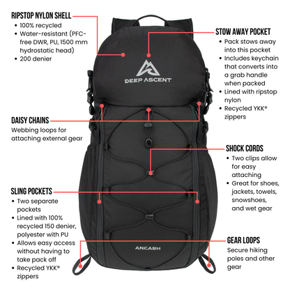 Ancash Packable Daypack – A 26L eco-friendly packable travel and hiking backpack with 100% recycled ripstop nylon shell, shock cords, daisy chains, sling pockets, gear loops, and stow away pocket.