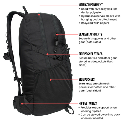 Ancash Packable Daypack – A 26L eco-friendly packable travel and hiking backpack with gear attachments, large side pockets, hip belt wings.