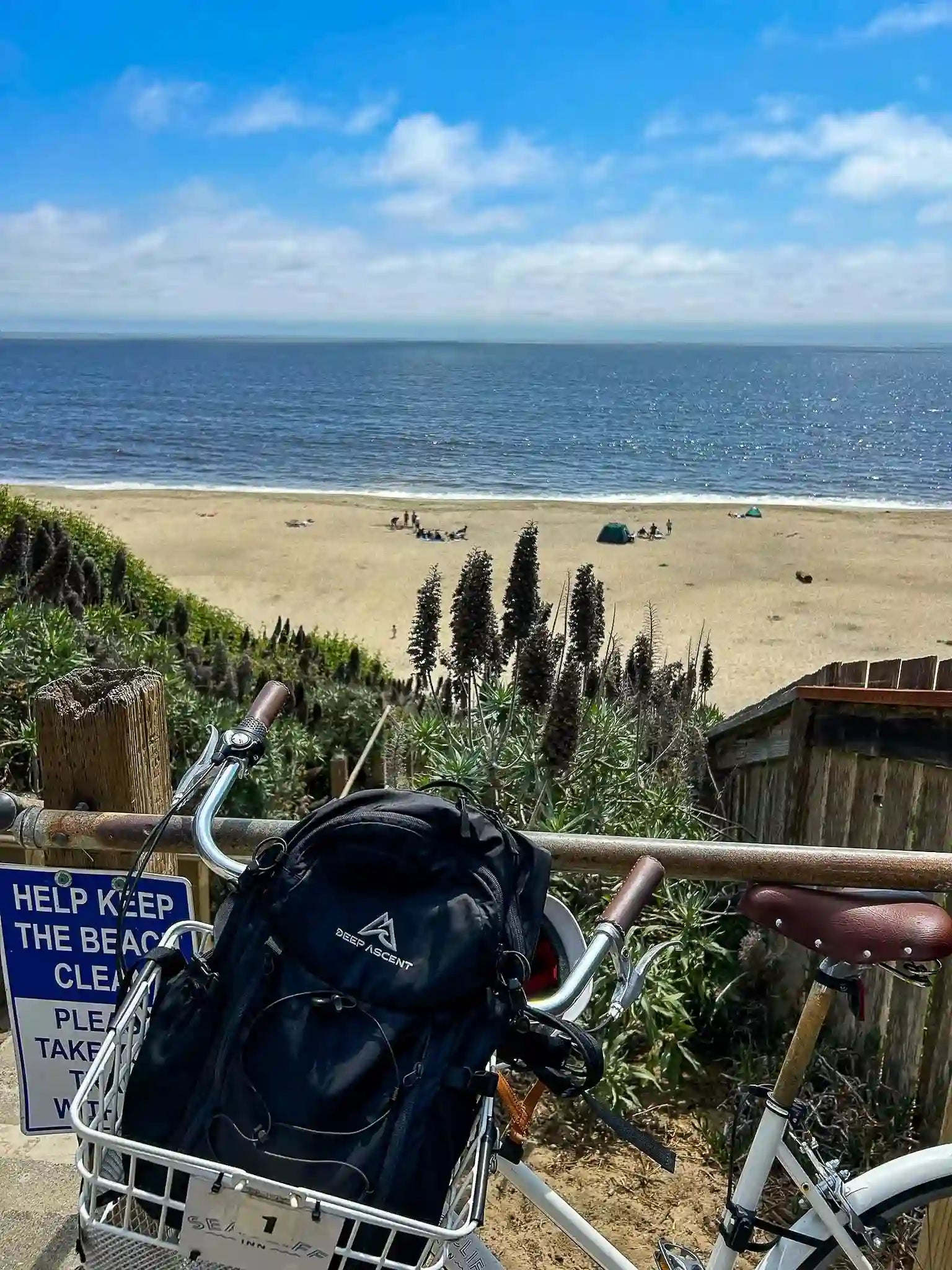 Bicycle parked by the ocean in California with the Ancash Packable Daypack by Deep Ascent in its basket.