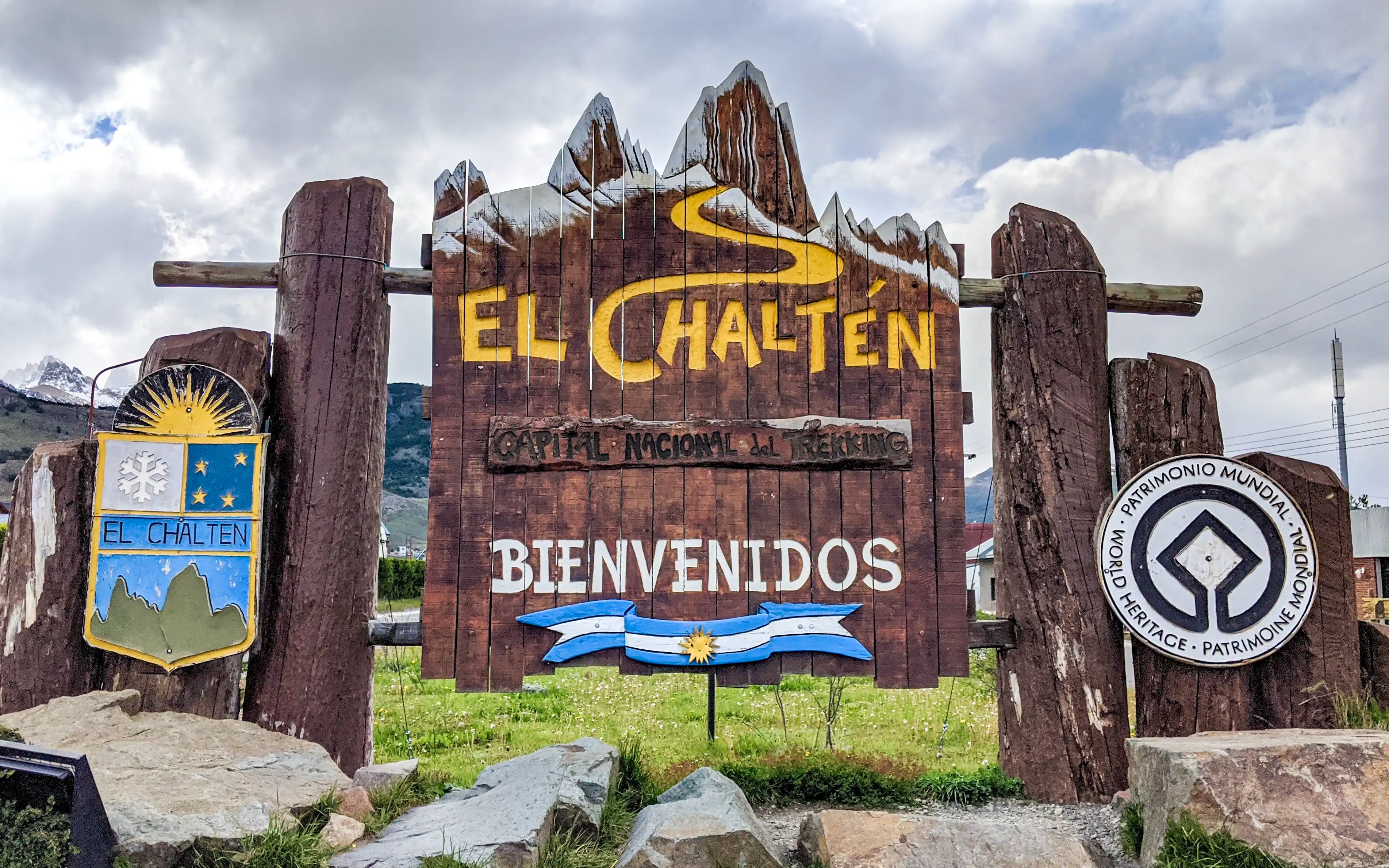 A welcome sign in El Chaltén, Argentina.