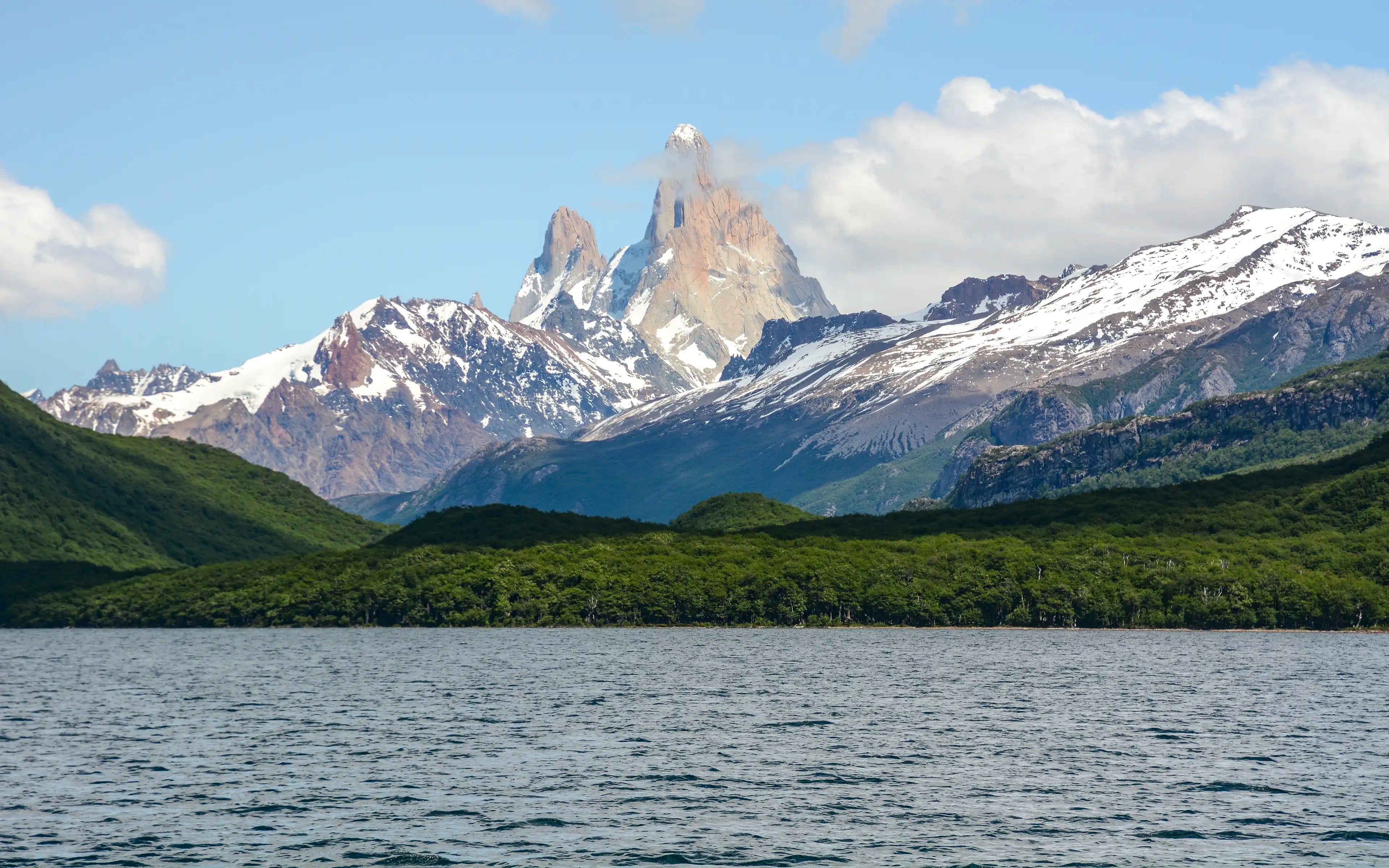 A distant view of Fitz Roy on Lago del Desierto near El Chaltén, Argentina.